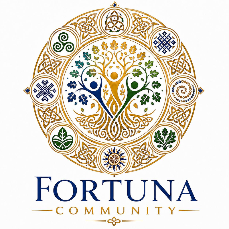 Fortuna Community logo: a tree of life with three figures inside a ring of Celtic and Ukrainian ornaments